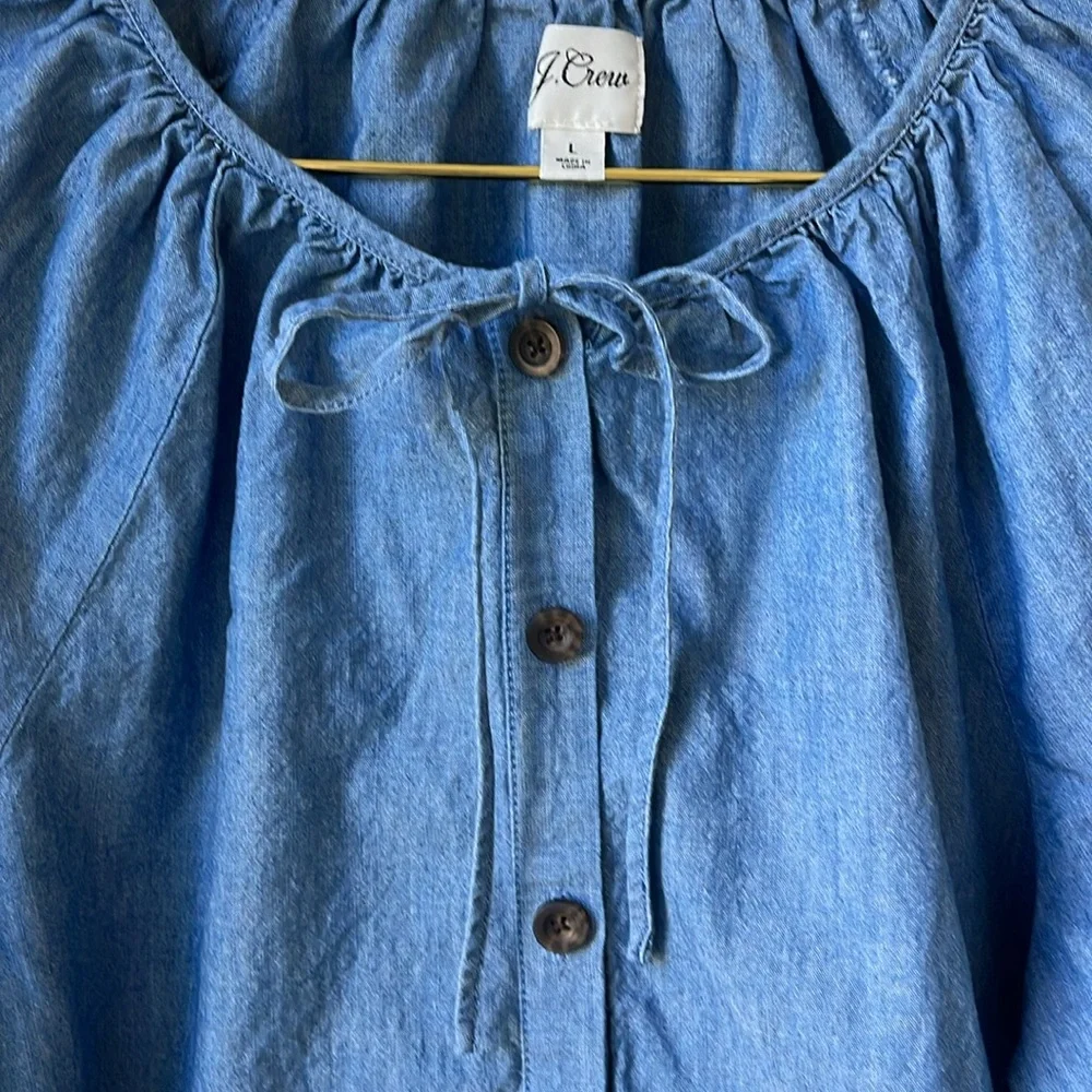 J. Crew Tie Sleeve Button Front Chambray Top with Tie Neck Detail Cotton Size L